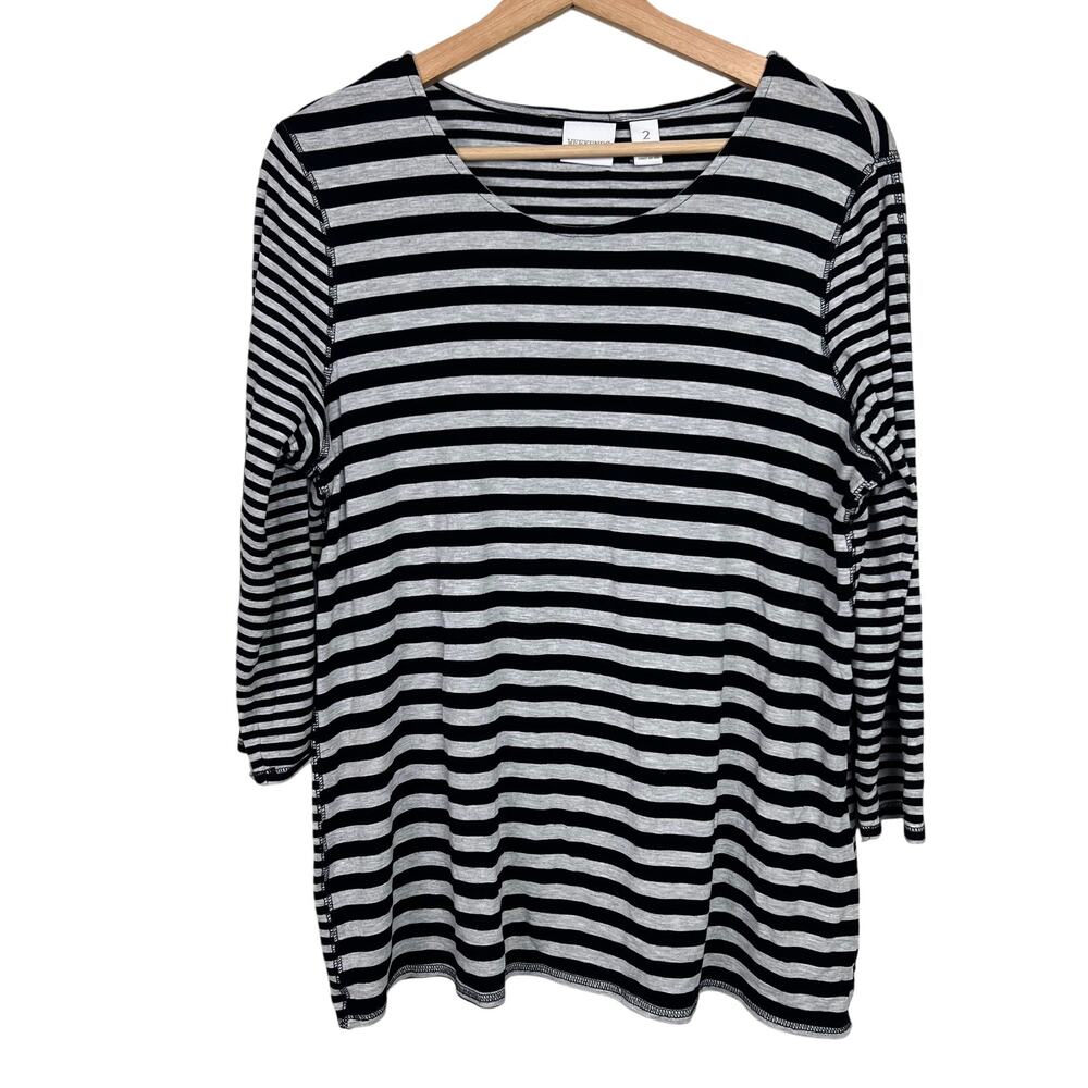 Chico's Weekends Black and Gray Striped 3/4 Sleeve‎ Top Size 2 (U.S. Large)